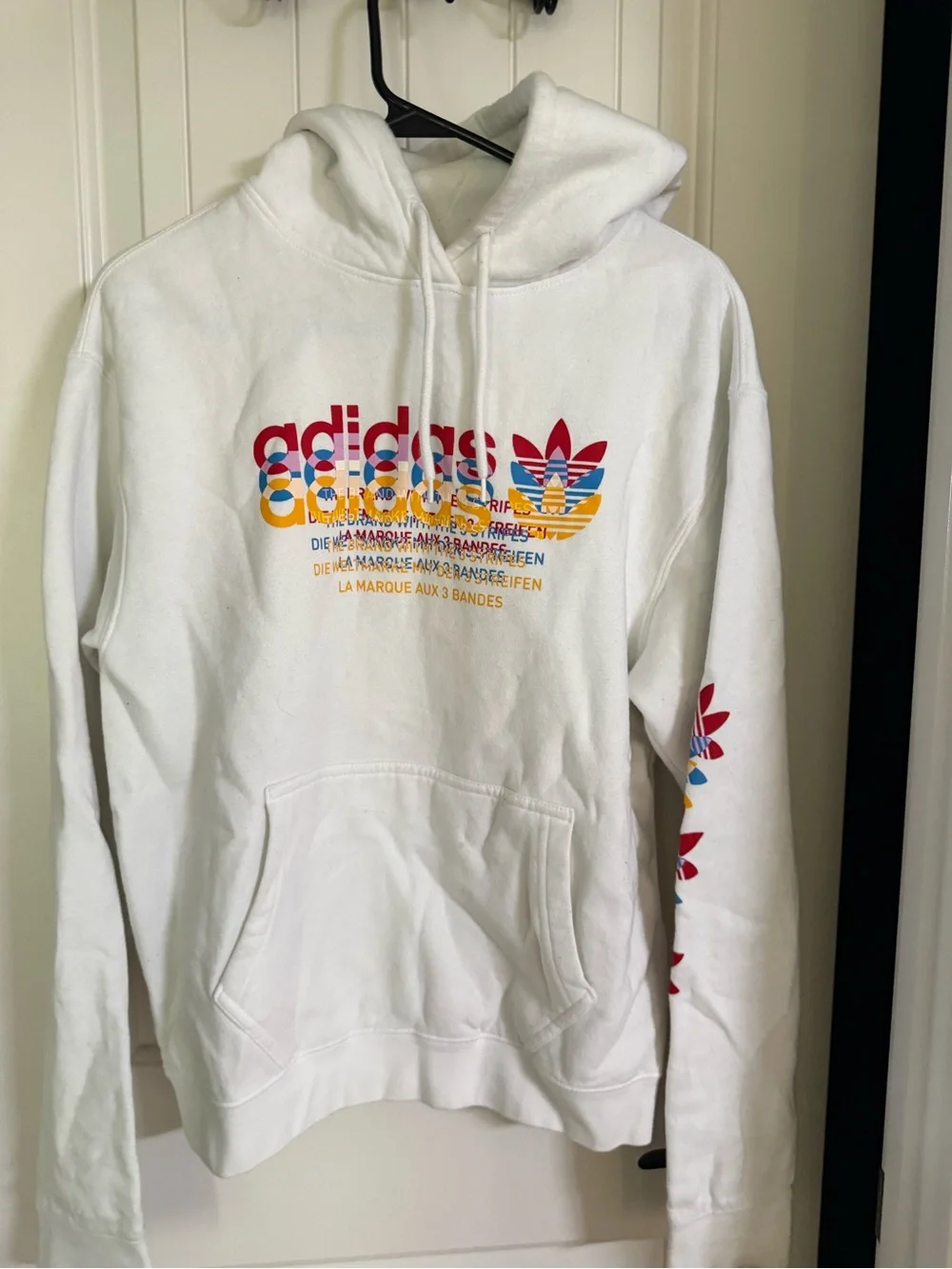 adidas White Hoodie with Red, Yellow & Blue Trefoil Graphics